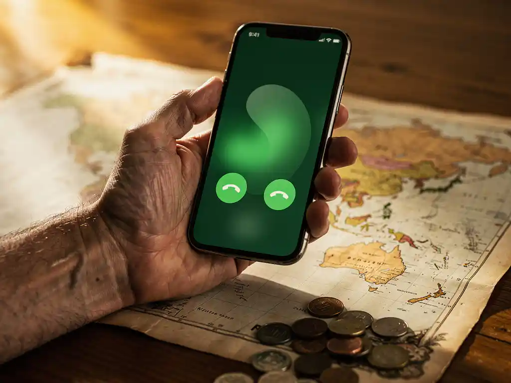 Weathered hand holding a smartphone with a glowing green call screen over a faded world map with scattered coins on a wooden surface.