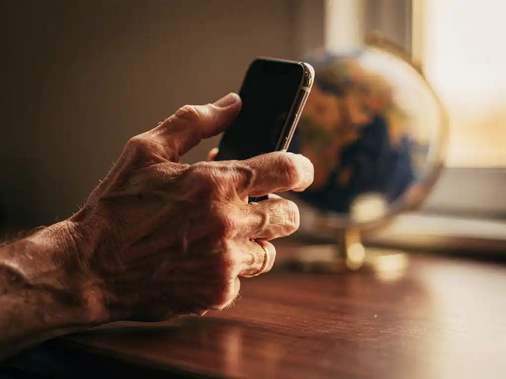 Weathered hand holding a smartphone to the ear, with a blurred globe on a wooden desk in warm amber light.