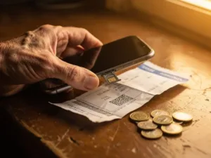 Weathered hand holding a smartphone with ejected SIM card tray on worn wood beside a crumpled boarding pass and foreign coins.