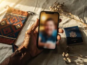 Weathered hand holding a glowing smartphone during a warm video call, beside an African textile, European passport, and dried flowers on linen.