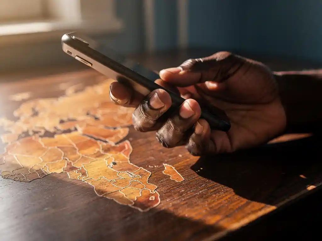 Weathered hand holding a smartphone to the ear over a wooden desk with a carved world map, bathed in warm golden afternoon light.