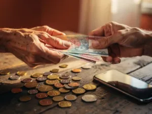 Weathered hands exchanging colorful banknotes over a wooden table scattered with international coins, warm golden light, smartphone nearby.