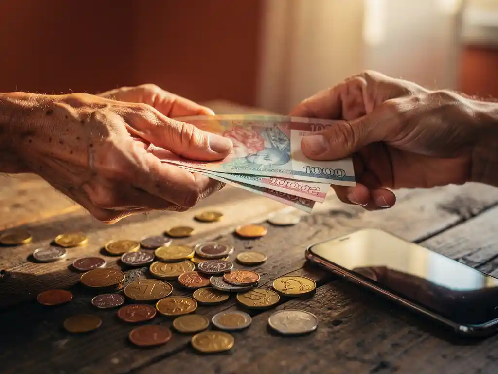 Weathered hands exchanging colorful banknotes over a wooden table scattered with international coins, warm golden light, smartphone nearby.