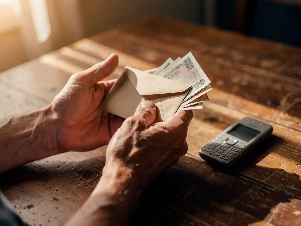 Weathered hands holding a small envelope and folded banknotes over a worn wooden table with a basic mobile phone nearby.