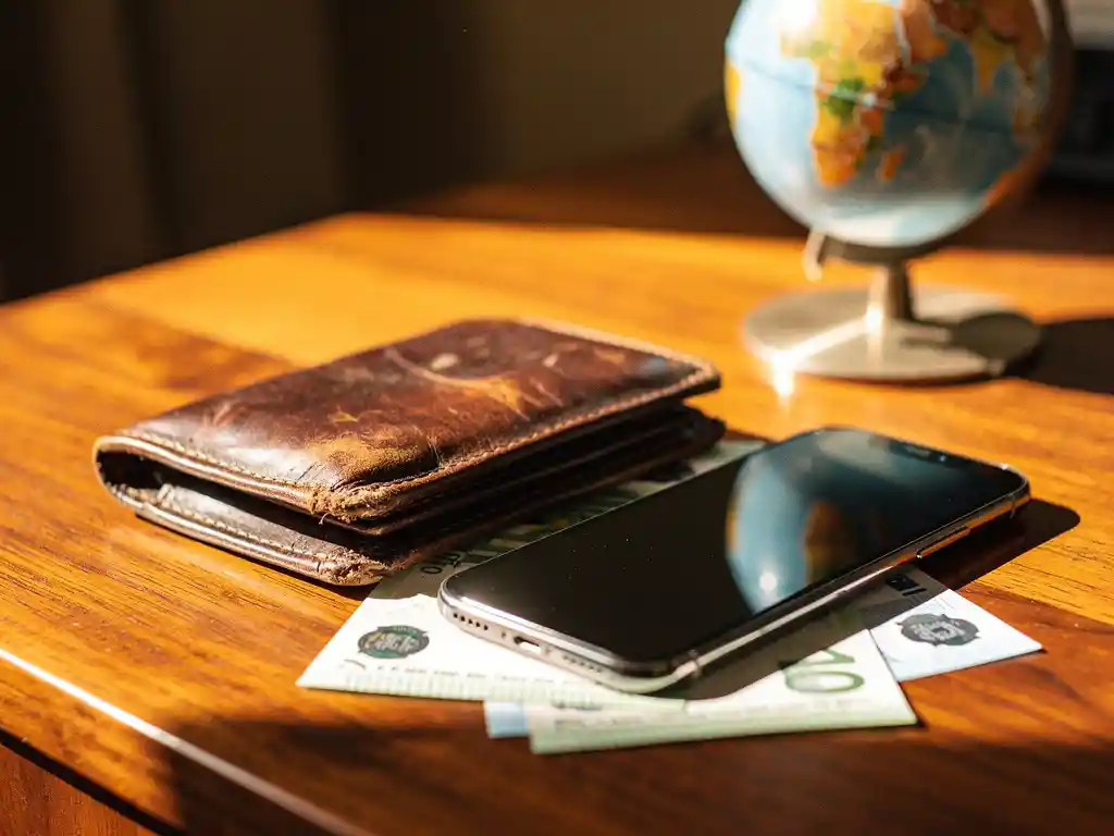 Weathered West African leather wallet and smartphone resting on polished wood beside fanned euro banknotes, small globe in soft background.