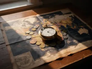 Weathered world map on a wooden desk with scattered foreign coins and a vintage analog clock, warm amber light casting long shadows.