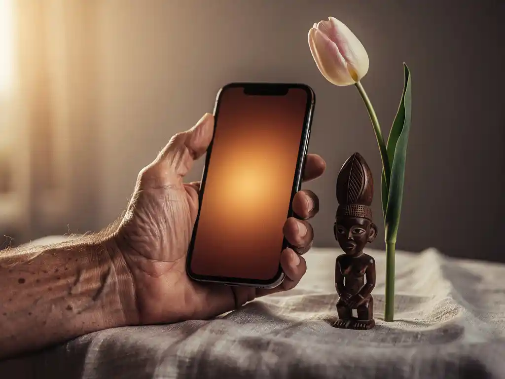 Weathered hand holding a glowing smartphone beside an African wooden figurine and Dutch tulip on linen, symbolizing cross-cultural connection.