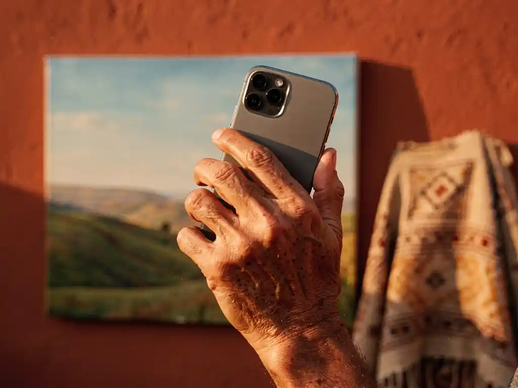 Weathered hand holding smartphone to ear, with blurred Eritrean landscape painting and woven textile against terracotta wall in warm afternoon light.