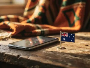 Smartphone mid-call on a weathered wooden desk beside an Australian flag pin, warm African textile draped in golden afternoon light.
