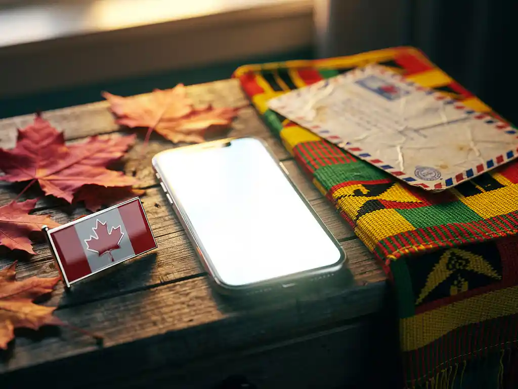 Weathered wooden desk split by a glowing smartphone mid-call, Canadian maple leaves and flag pin on one side, Ugandan kente cloth and airmail envelope on the other.