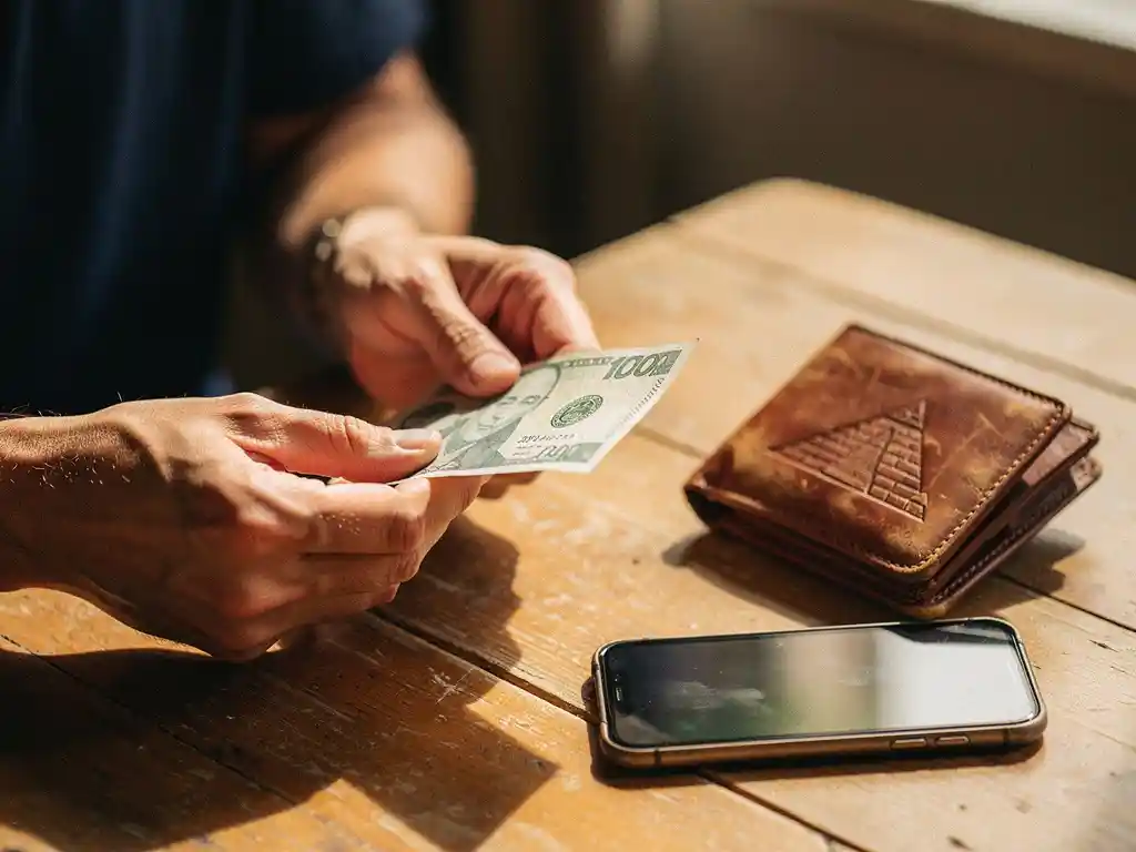 Hands exchanging a banknote over a wooden table beside a leather wallet with pyramid motif and glowing smartphone.