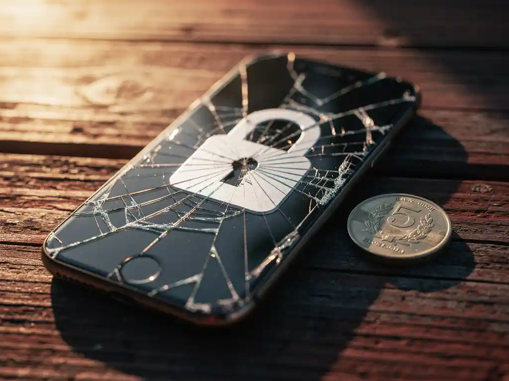 Cracked smartphone screen showing a padlock icon beside a Nigerian naira coin on weathered wood in warm amber light.