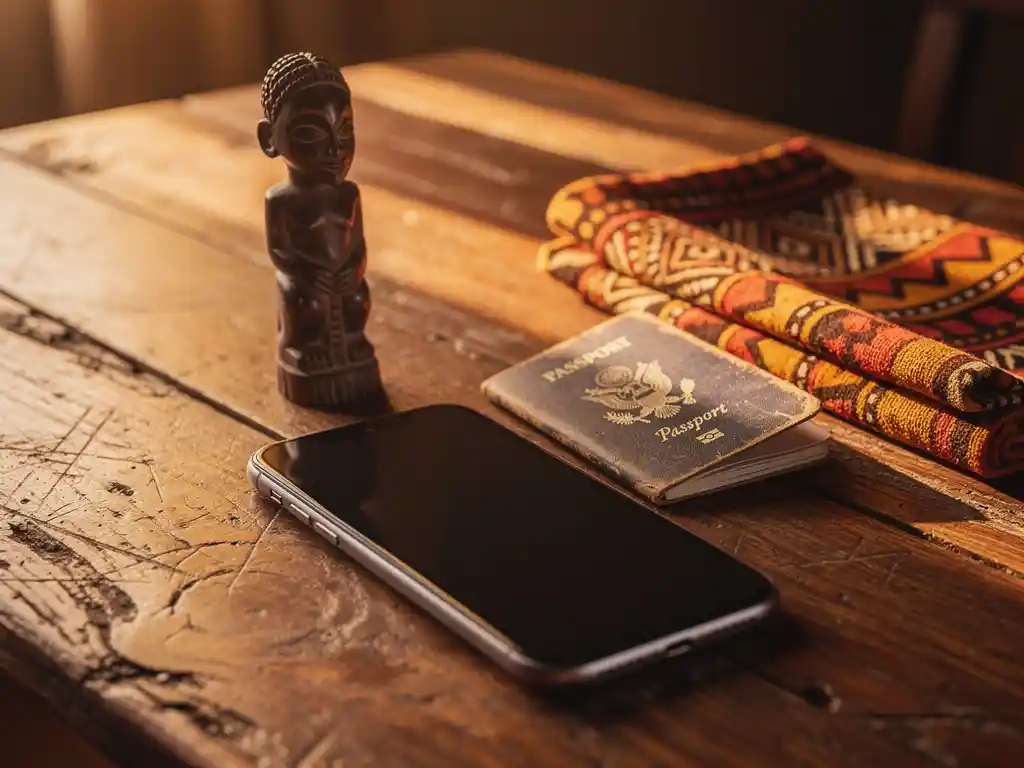 Smartphone mid-call on a weathered wooden desk beside an African carved figurine, faded USA passport, and folded African fabric in warm amber light.