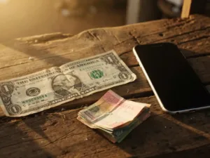 Worn US dollar bill and South Sudanese pounds on a weathered wooden market stall beside a mobile phone used for diaspora money transfers.