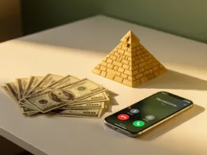 US dollar bills fanned beside an Egyptian pyramid figurine and smartphone with calling app on a minimalist white desk in golden afternoon light.