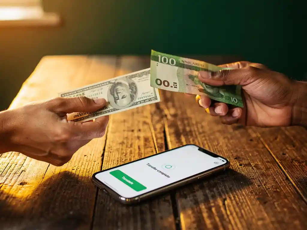 Hands exchanging a US dollar bill and Nigerian naira note over a wooden table beside a smartphone showing a transfer confirmation.