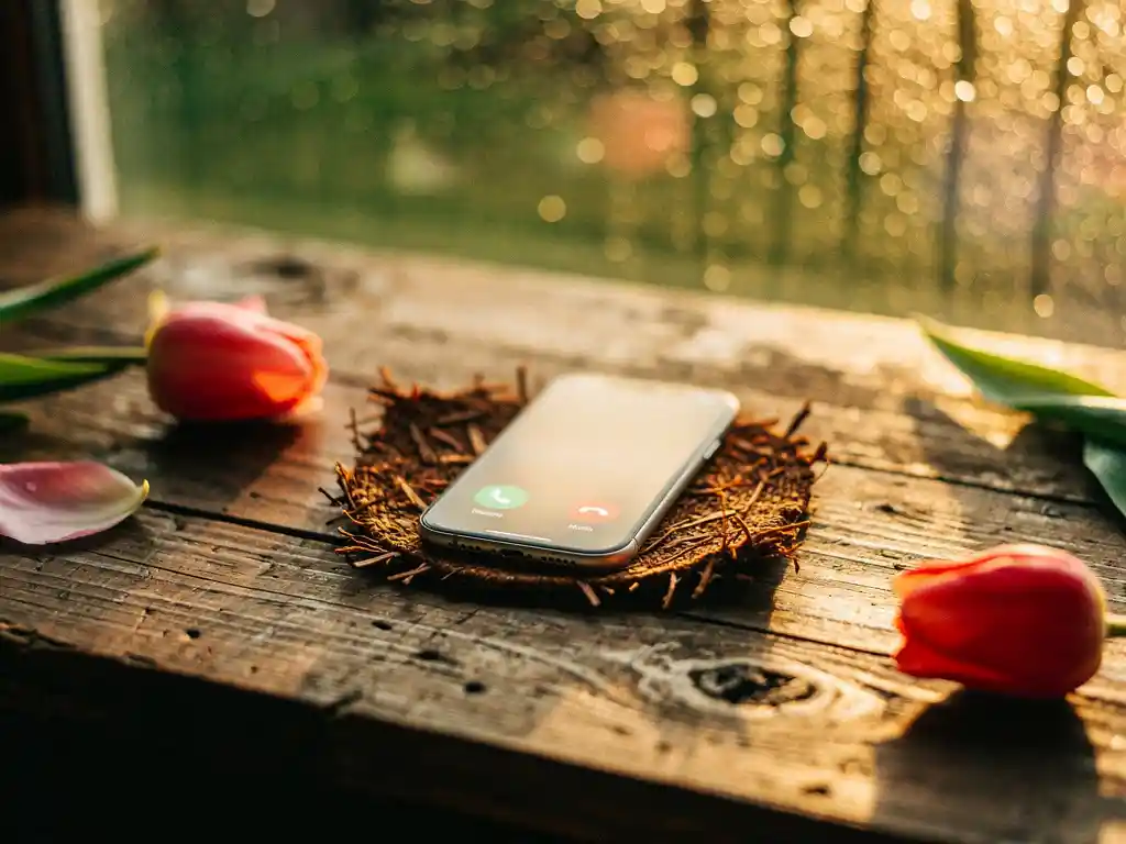 Smartphone displaying an active international call on a weathered Dutch wooden desk with a Ugandan bark cloth coaster and scattered tulip petals in warm afternoon light.