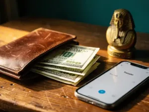 Worn leather wallet open on a wooden table beside US dollar bills, Egyptian brass figurine, and smartphone displaying a money transfer app.