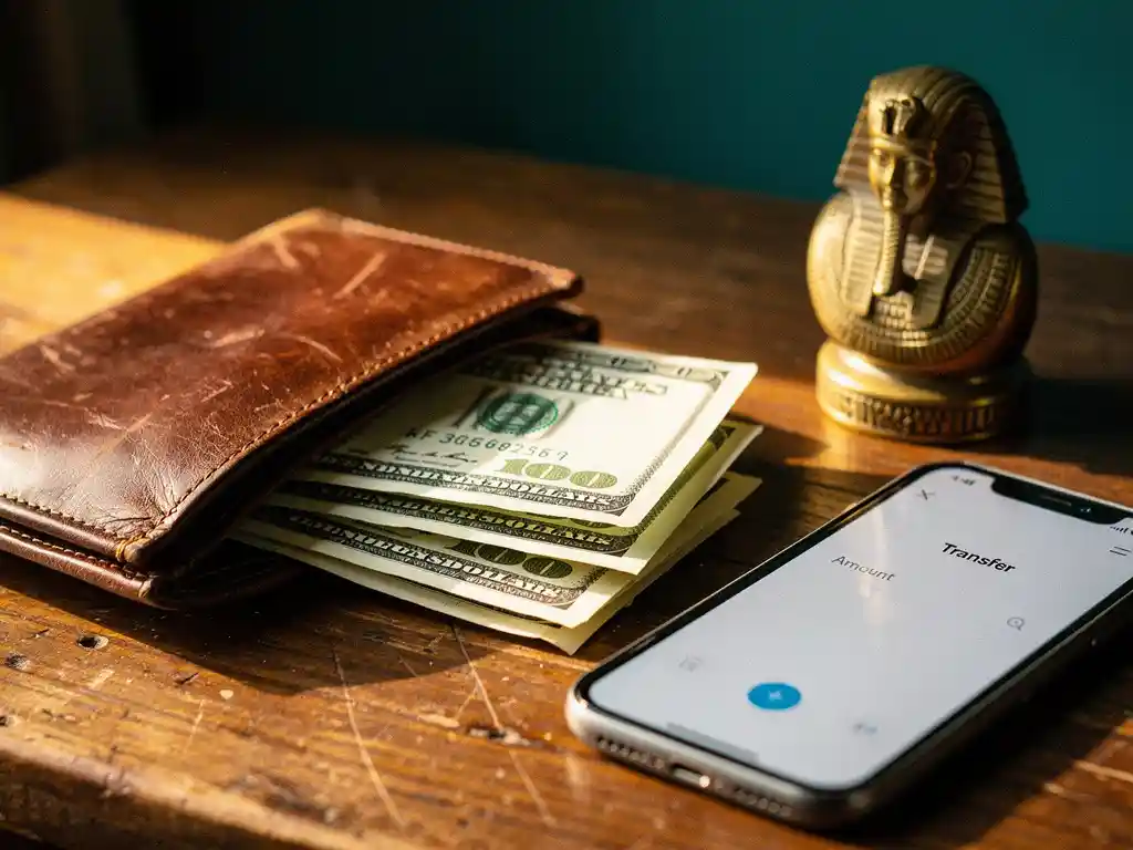 Worn leather wallet open on a wooden table beside US dollar bills, Egyptian brass figurine, and smartphone displaying a money transfer app.