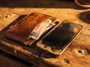 Worn leather wallet open on Cairo market stall with US dollar and Egyptian pound notes beside a weathered smartphone in warm afternoon light.