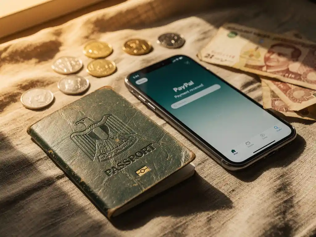Weathered Egyptian passport beside a smartphone showing a PayPal confirmation screen, with Egyptian pound coins on a linen surface in warm afternoon light.