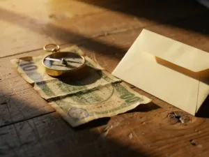 Egyptian pound banknote held under a small compass on a weathered wooden desk beside a sealed overseas envelope in warm afternoon light.