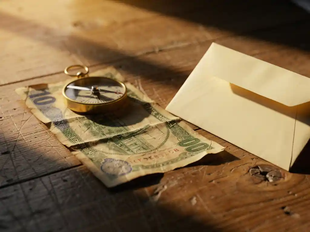 Egyptian pound banknote held under a small compass on a weathered wooden desk beside a sealed overseas envelope in warm afternoon light.
