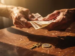 Weathered hands exchanging Egyptian pound notes over a wooden table, with a brass ankh charm and euro coin nearby in warm golden light.