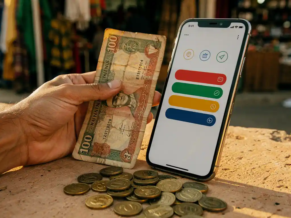 Hand holding an Egyptian pound note next to a smartphone with a mobile wallet app, coins scattered on sandstone in warm afternoon light.