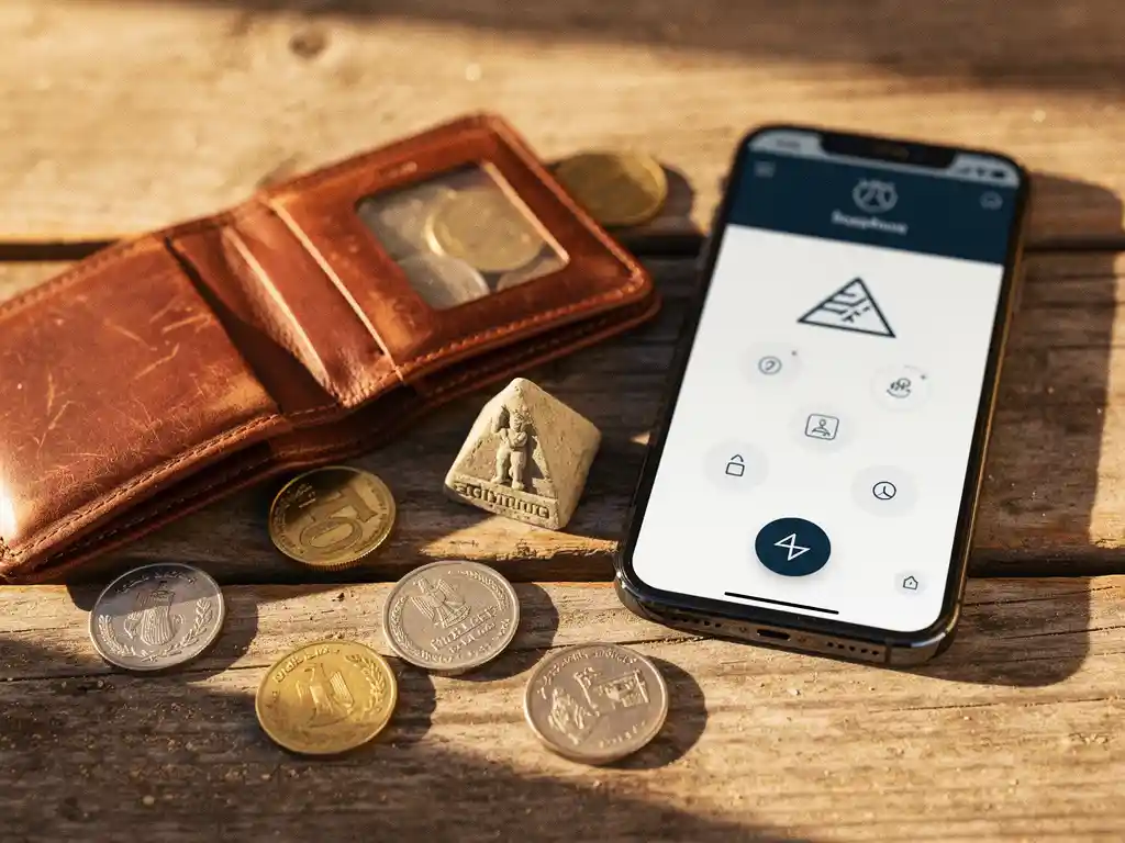 Worn leather wallet open beside a smartphone showing a money transfer app, Egyptian pound coins and pyramid figurine on wooden surface.
