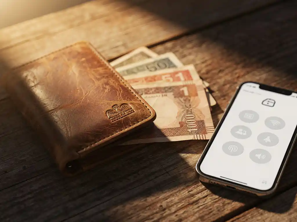 Worn leather wallet with Egyptian pound banknotes and a smartphone showing a mobile payment screen on weathered wood in warm afternoon light.