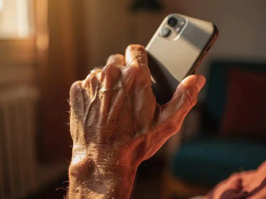 Weathered hand holding a smartphone to the ear in warm afternoon sunlight inside a modest European apartment.