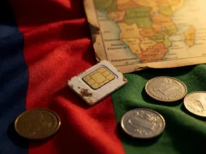 Worn SIM card on Eritrean flag fabric with scattered coins and vintage Horn of Africa map in warm golden light.