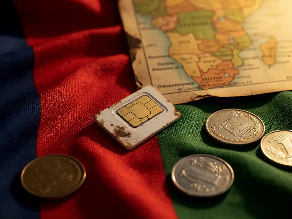 Worn SIM card on Eritrean flag fabric with scattered coins and vintage Horn of Africa map in warm golden light.