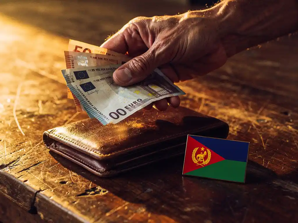 Weathered hand holding euro banknotes over a worn leather wallet beside a small Eritrean flag pin on a rustic wooden surface.