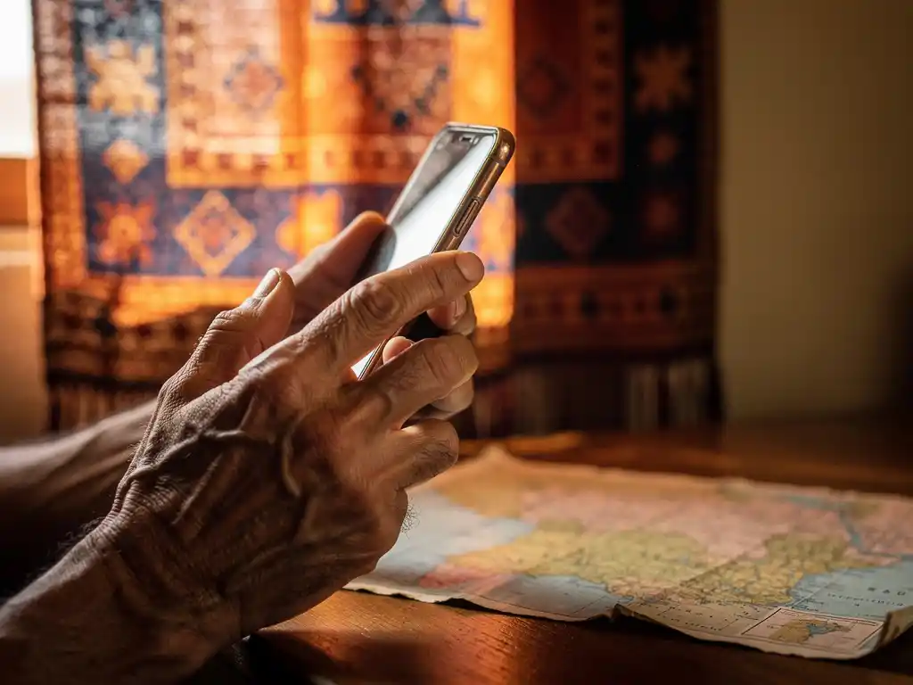 Weathered hand holding smartphone to ear near Eritrean woven textile and Horn of Africa map in warm afternoon light.