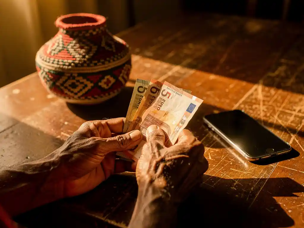 Weathered hands holding euro banknotes over a wooden table beside an Eritrean woven basket and smartphone in warm afternoon light.
