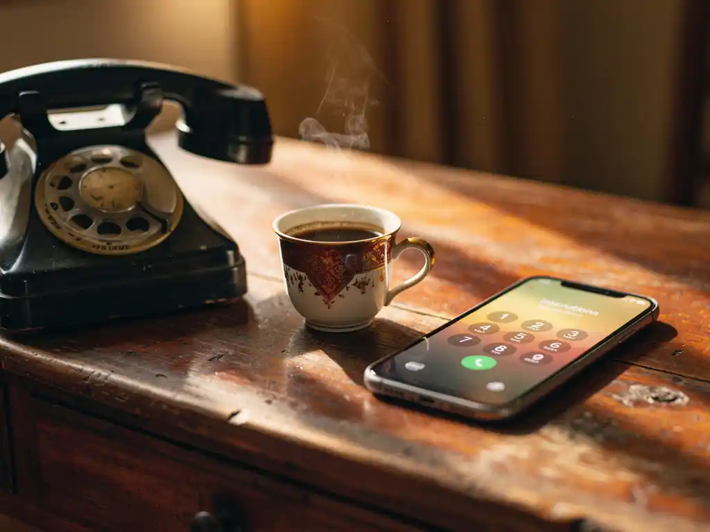 Vintage rotary phone and modern smartphone on a weathered wooden desk beside a steaming Eritrean coffee cup in warm golden light.