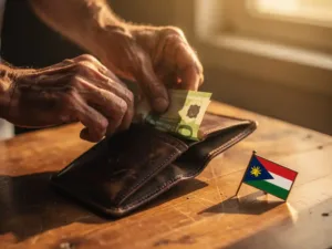 Weathered hands placing folded euro banknotes into a worn leather wallet beside a small Eritrean flag pin on a wooden table.