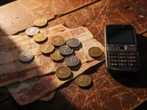 Worn Eritrean nakfa banknotes and coins scattered on weathered wood beside a basic mobile phone in warm afternoon light.