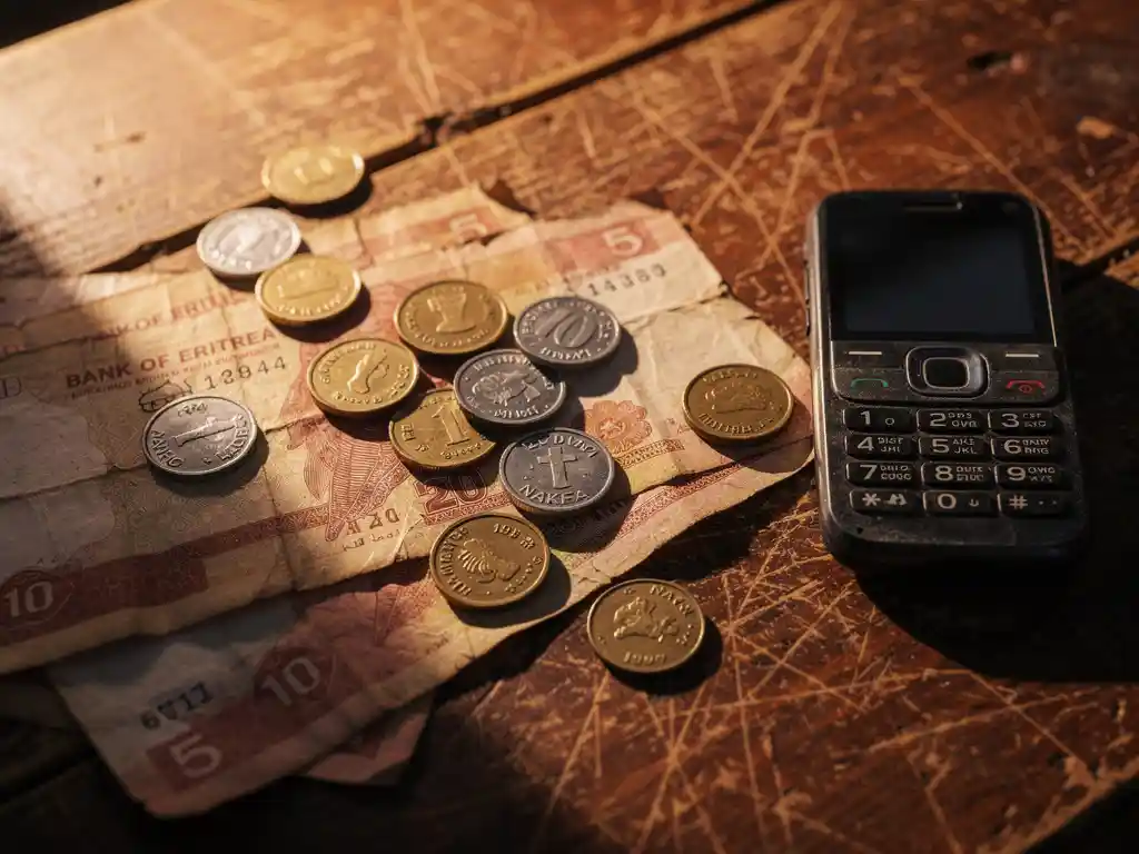 Worn Eritrean nakfa banknotes and coins scattered on weathered wood beside a basic mobile phone in warm afternoon light.