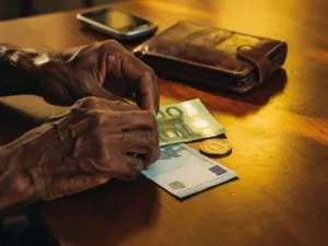 Weathered hands placing euro banknotes beside an Eritrean nakfa coin on wood, with a leather wallet and mobile phone nearby.