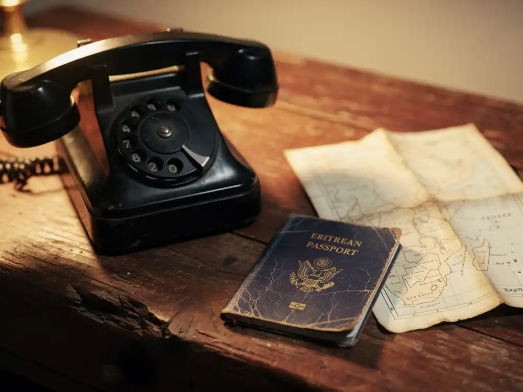 Vintage rotary telephone receiver beside an Eritrean passport and folded Horn of Africa map on a weathered wooden desk under warm amber lamplight.