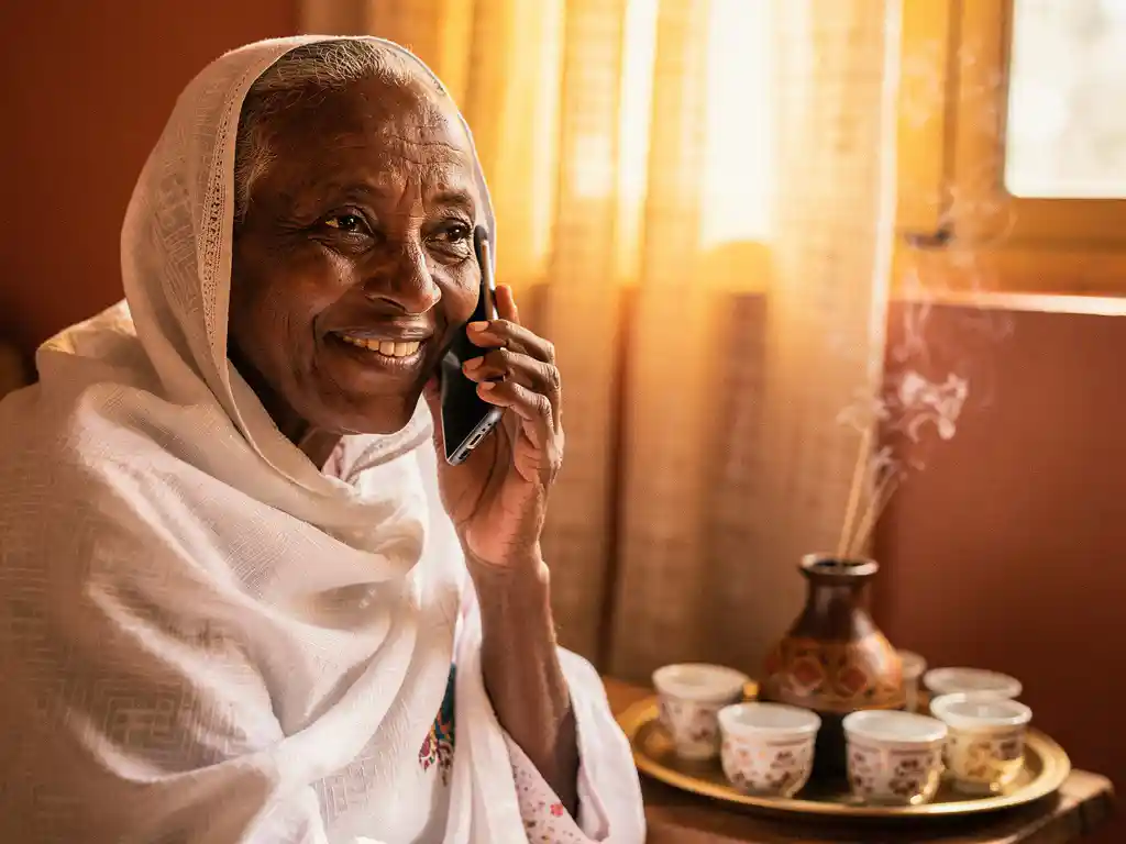 Elderly Eritrean woman in white habesha dress smiling while talking on smartphone, with traditional coffee ceremony set in warm afternoon light.