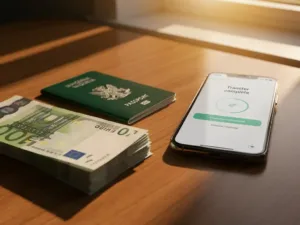 Euro banknotes and Nigerian passport on a wooden desk beside a smartphone showing a money transfer confirmation, warm afternoon light.