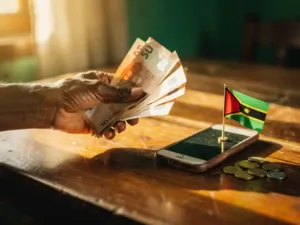 Weathered hand holding euro banknotes over a wooden table with a Tanzanian flag pin and scattered coins in warm afternoon light.