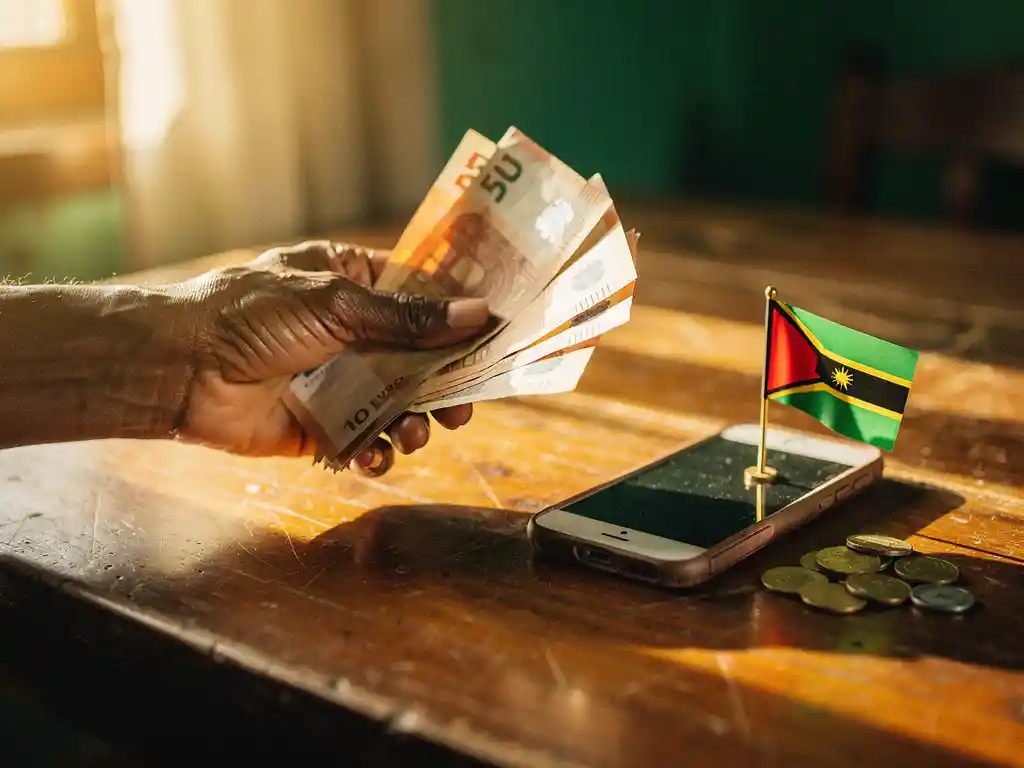 Weathered hand holding euro banknotes over a wooden table with a Tanzanian flag pin and scattered coins in warm afternoon light.