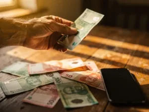 Weathered hand holding a euro banknote over a wooden table scattered with Nigerian naira bills and a smartphone in warm afternoon light.