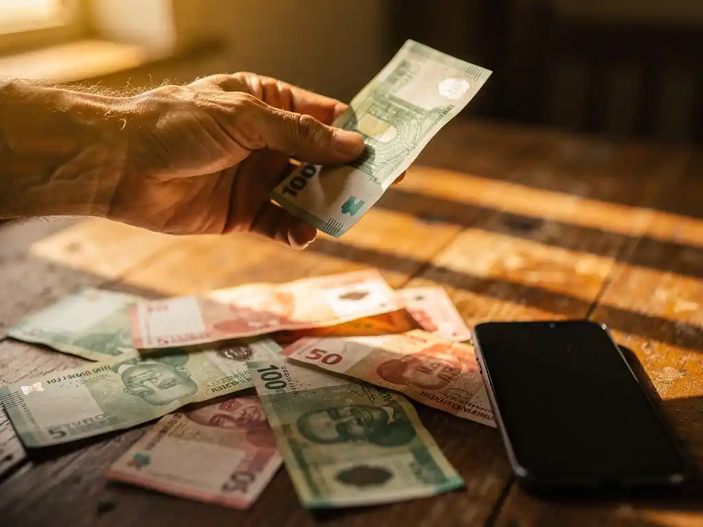 Weathered hand holding a euro banknote over a wooden table scattered with Nigerian naira bills and a smartphone in warm afternoon light.