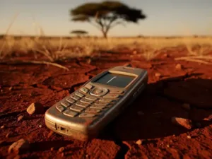 Weathered feature phone on cracked red African soil showing one signal bar, with blurred acacia tree and dry savanna grass in golden late-afternoon light.